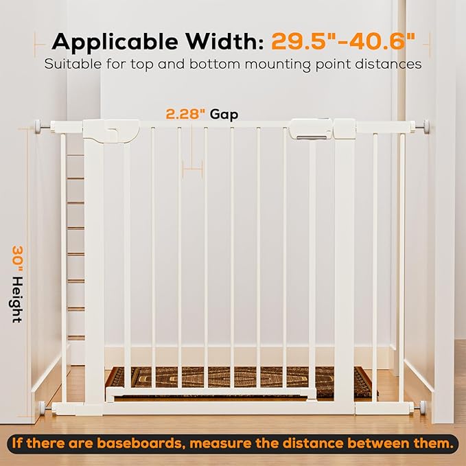 29.5-40.6" Baby Gate for Stairs, Baby Safety Essentials, Auto Close Gate for Doorways, Easy Install Pressure Mounted Dog Gate Indoor, Pet Gates for Dogs, White (2 Pack)