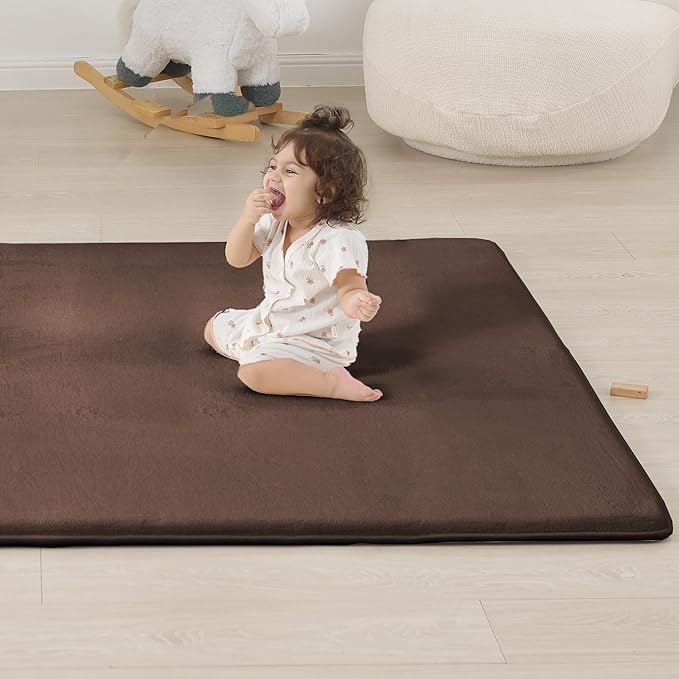 1.3" Thick Baby Floor Play Mat 50x50, Basic Padded Foam Mat for Tummy Time Crawling, Non Slip Cushioned for Babies Toddlers Infants Kids (Brown)