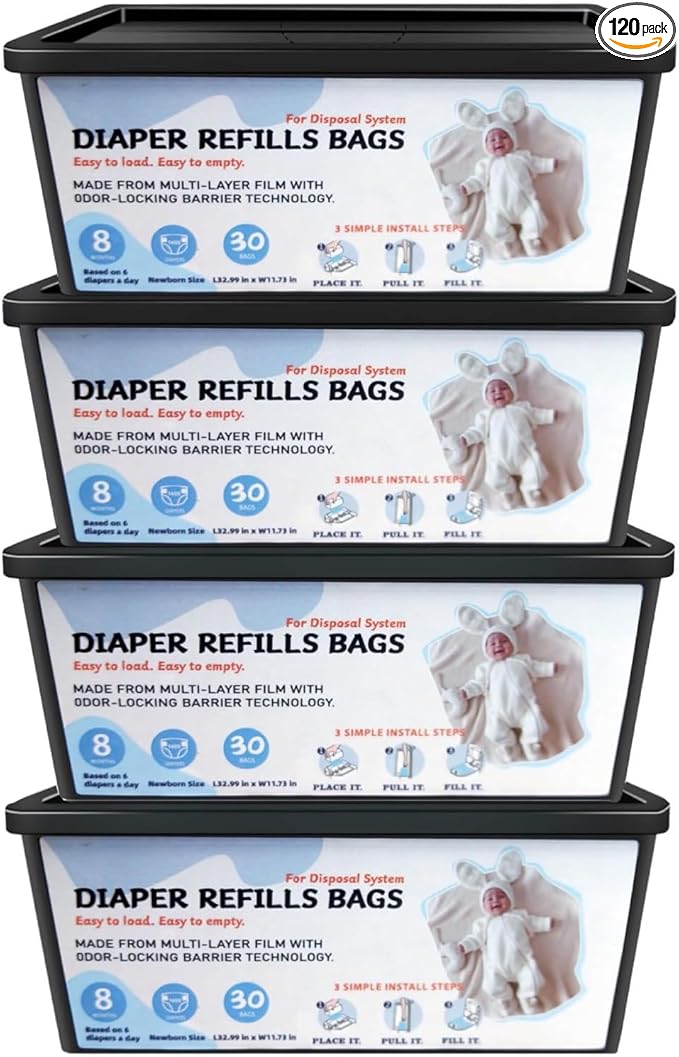 Diaper Pail Refills Bags with 30 Bags, Compatible with Genie Easy Roll Signature Diaper Pail and Platinum Diaper Pail, 7-Layer Odor-Barrier Technology, 4 Pack (120 Bag)