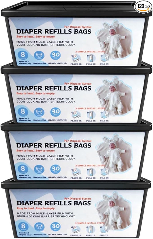 Diaper Pail Refills Bags with 30 Bags, Compatible with Genie Easy Roll Signature Diaper Pail and Platinum Diaper Pail, 7-Layer Odor-Barrier Technology, 4 Pack (120 Bag)