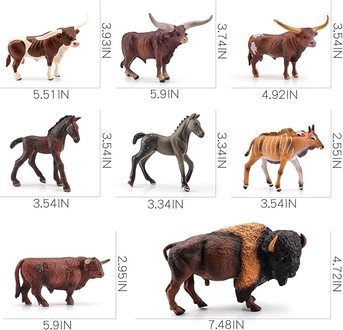 Bull Toys Playset: 8pc Longhorn, Cows, Horses & Antelope Figures for Kids' Parties & Toddlers Collection