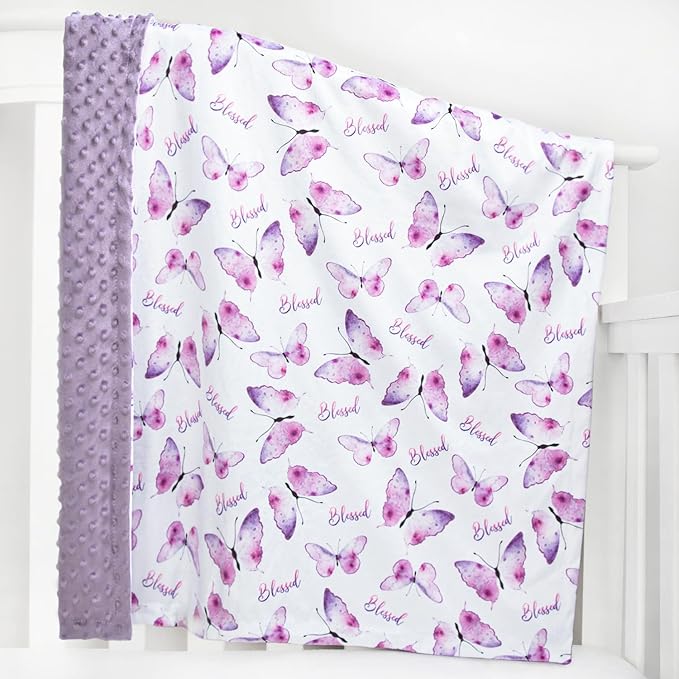 BORITAR Baby Blanket for Girls Soft Plush Minky Fabric, Double Layer Dotted Backing with Elegant Purple Butterfly Printed Blessed Blanket Gift for Toddler Newborn Infant 30 x 40 Inch(75x100cm)