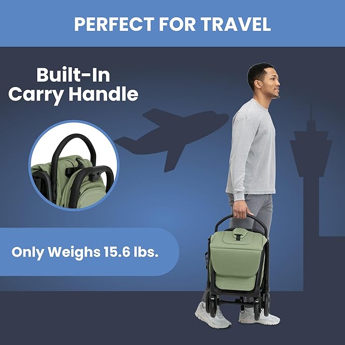 Delta Children Icon Ultra Compact Lightweight Everyday & Travel Stroller - One-Hand Fold - Only 15.6 lbs- Fits in Overhead Compartments - Greenguard Gold Certified - Multi-Position Recline, Sage Green