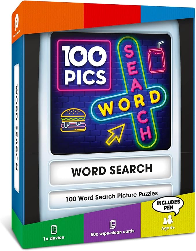 100 PICS Word Search Travel Game - 100 Puzzles with Picture Clues | 50 Wipe Clean Cards with Slide Reveal case and Pen | Activity, Gift, Stocking Stuffer | for Kids and Adults, Age 6+