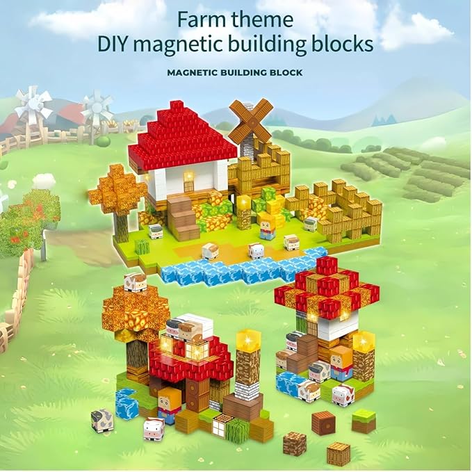 100 Pcs Magnetic Building Blocks, Enhance STEM Learning, Creative Play & Logical Thinking, Durable & Vibrant Color with Light Up Blocks, Ideal for Classroom & Screen-Free Entertainment (Farm)