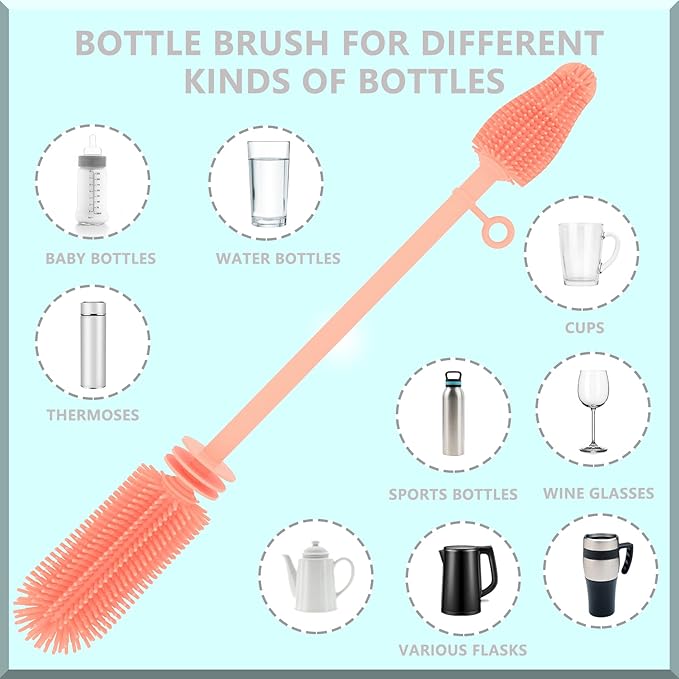 Silicone Baby Bottle Brush and Straw Cleaner Brush Set,Silicone Fully Encased Dish Brush,Versatile Deep Cleaning Long Water Bottle Brushes,Heat Resistant Sturdy Kitchen Brush,Hangable Cup Brush