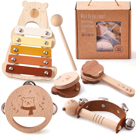 EERKEOD Toddlers Montessori Wooden Toys Percussion Musical Instruments with Xylophone Set for Girls Boys Kids Preschool Educational Toys