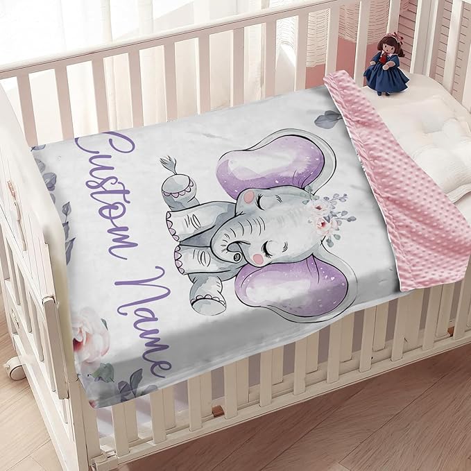 Custom Baby Blanket, Personalized Name Baby Blanket for Boy Girl, Purple Elephant Double Layer Dotted Backing Receiving Swaddle Blankets, Nursery Newborns New Parents Customized Gift(60"x80")