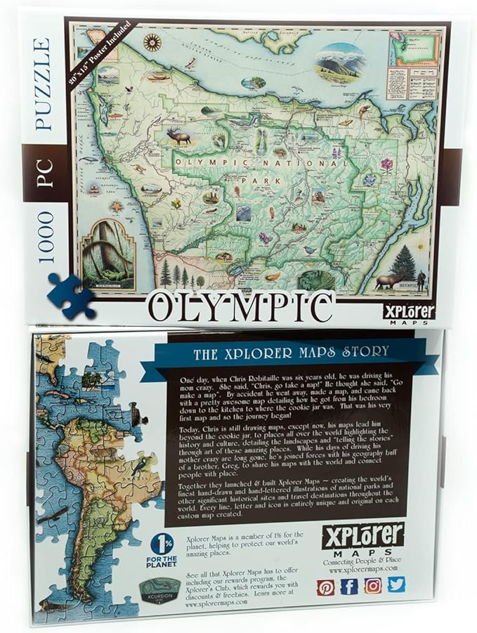Olympic National Park Map Cardboard Jigsaw Puzzle -1000 Pieces, Hand-Illustrated - Educational, Family Activity, Ages 7+, Includes Poster - 25.4 x 19.8