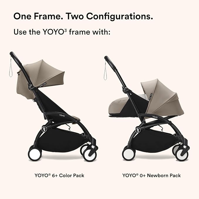 Stokke YOYO3 Frame, Black - Textile Set Not Included - Comes with 5-Point Harness, Multi-Position Reclining Backrest, Canopy Extensions, Padded Shoulder Strap & Protective Storage Bag