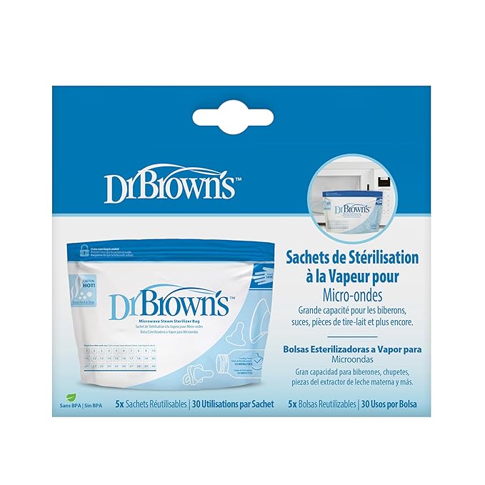 Dr. Brown's Microwave Steam Sterilizer Bags for Baby Bottles, Pacifiers, Pump Parts and Accessories, Travel Baby Bottle Sterilizer, 30 Uses per Bag, 5 Count (Pack of 1)