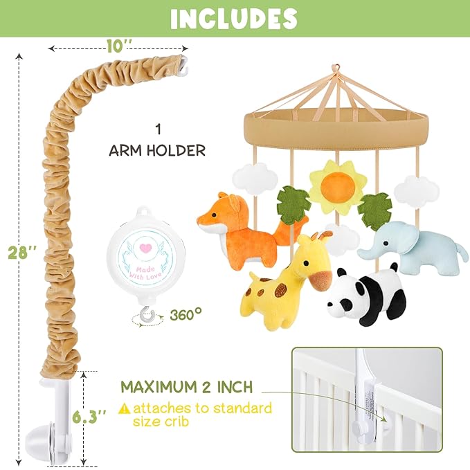 Animals Baby Crib Mobile - Safari Baby Mobile for Crib with 12 Lullabies for Boys & Girls, Nursery Mobiles, Fits Standard Cribs, Forest Nursery Decor