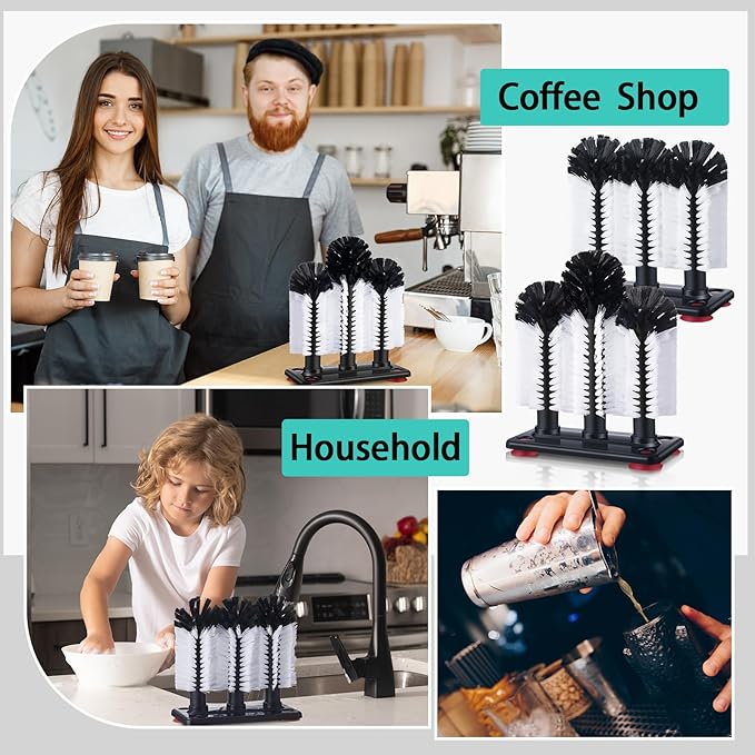 Havawish 2 Pack Water Bottle Cleaning Brush with Suction Base, 3 Head Bristle Bar Glass Washer for Sink, Cup Washer Brush Cleaner for Bar Beer Cup, Wine Glass(7.28 x 3.74 x 7.48, 10.4 x 7.4)