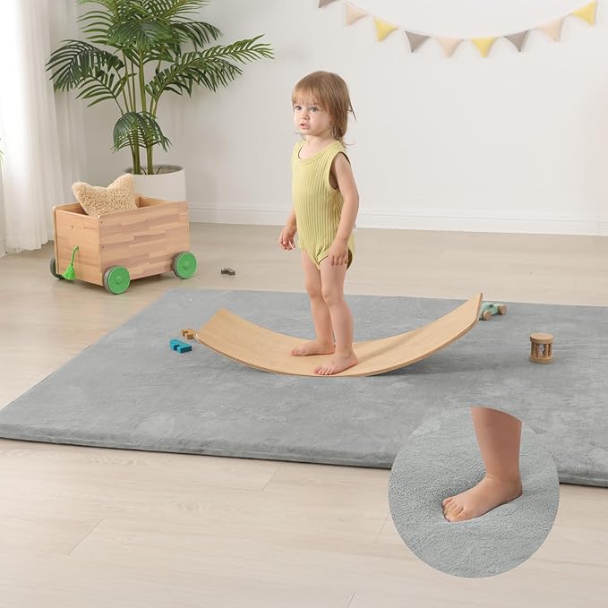 Baby Play Mat for Floor,1.3" Thick Elasti-Foam 50"×74" Playpen Mat for Tummy Time,Water Repellent Soft Coral Velvet for Toddler,Infant,Kids,Non-Slip Backing Safe for Crawling(Light Grey)