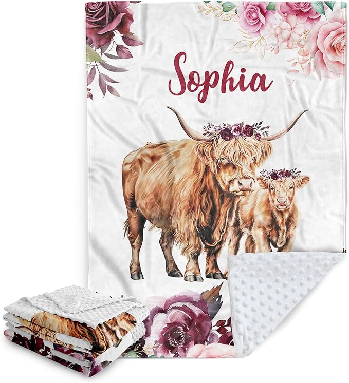 Personalized Baby Blanket, Custom Baby Blankets with Name for Girls Boys, Flannel Double Layer Dotted Backing Receiving Swaddle Blanket, Highland Cow Toddlers Infants Customized Gifts(47"x60")