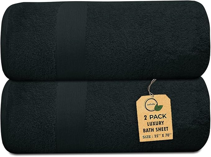 100% Cotton Luxury Bath Sheets - Pack of 2 (35" x 70") | Super Soft, Quick-Dry & Highly Absorbent Towels for Bathroom, Home, Spa & Gym (Black)