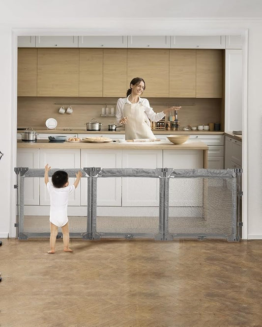 Extra Wide Baby Gate Playpen with Heat-Resistant Mesh,3 Panel Foldable Baby Fence,Indoor/Outdoor Safety Barrier,Dog Playpen & Fireplace Gate Gray