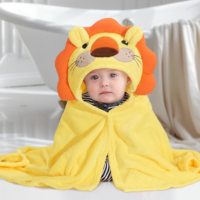 Hooded Baby Towels Boy for 0-6 Years, 50"x 32" Extra Large Toddler Bath Towels with Hood for Boys & Girls, 2-Pack Absorbent Thick Soft Gift for Kids Yellow Lion & Orange Monkey