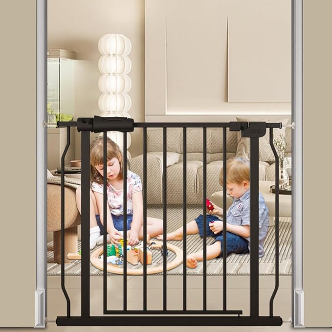 Baby Gate for Stairs 29.13"-33.86" Wide Dog Gates for Doorways Pressure Mounted Pet Gate Walk Through Metal Child Indoor Safety Gates No Drilling (Black, 29.13"-33.86"/74-86CM)