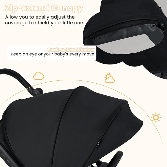 BABY JOY Baby Stroller, Foldable Toddler Stroller with Reversible Seat, Adjustable Backrest/Canopy/Handle/Footrest, Storage Basket, Suspension Wheels, Aluminum Frame (Black)