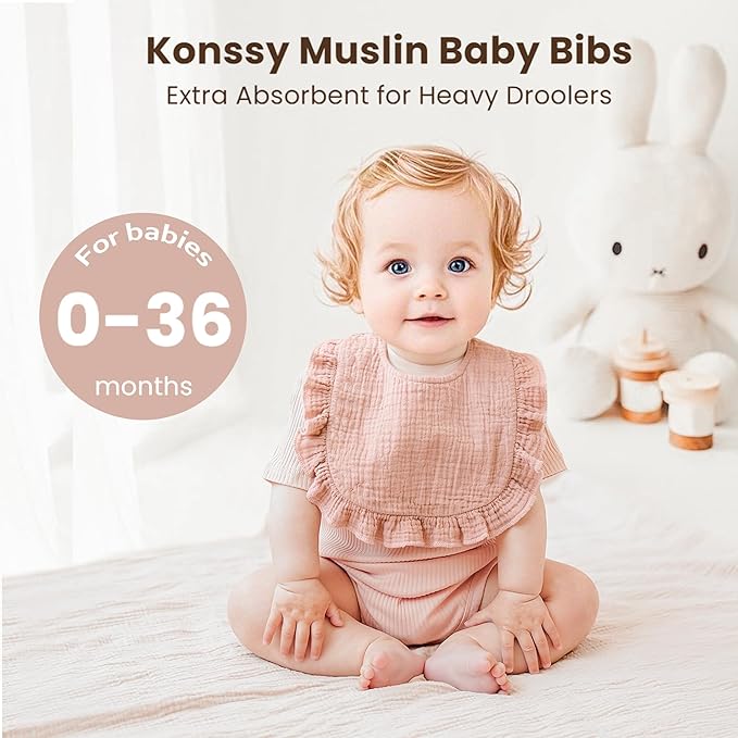 Konssy Muslin Baby Bibs for Girls – Soft 100% Cotton Drool Bibs, Ruffle Trim for Newborns & Toddlers 0-36 Months 3-Pack