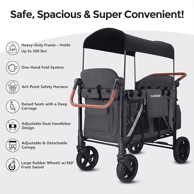 Premium 4-Seater Wagon Stroller for Kids, All-Terrain Heavy Duty Stroller Wagon with 300lb Capacity, 1-Hand Fold, High Seats with 5-Point Harness, Adjustable Canopy & Handlebars, Dark Gray
