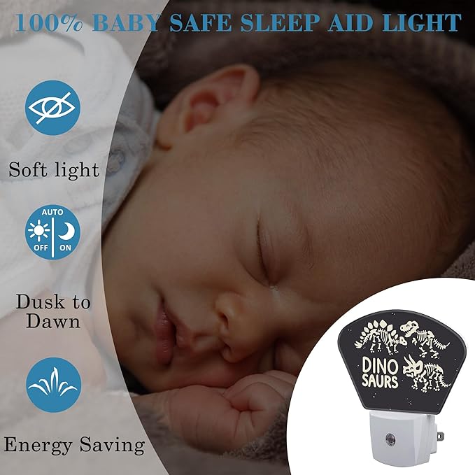 Cute Skeletons of Dinosaurs Night Light for Kids, Dinosaurs Skeletons LED Night Light Plug into Wall with Dusk to Dawn Sensor for Girls Boys Bedroom, Hallway, Kitchen, Bathroom, Stairs Decor