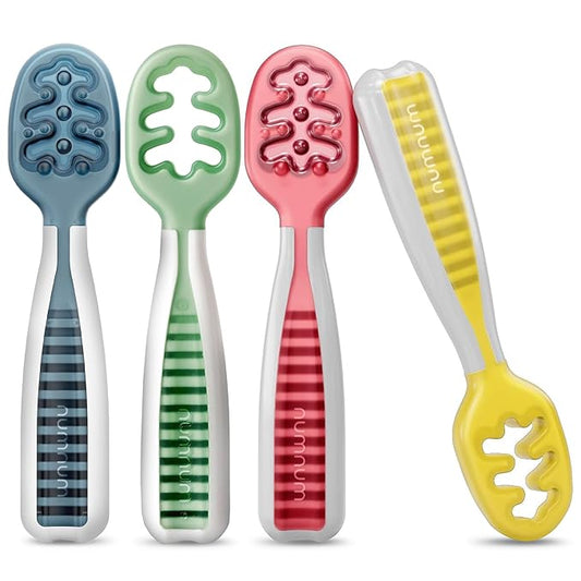 NumNum Baby Spoons Set, Baby Essentials Pre-Spoon GOOtensils for 6+ Months, First Stage Self-Feeding Spoons for Baby Led Weaning (BLW), Silicone Toddler Utensils, BPA-Free, 4 Pack Classic Colors
