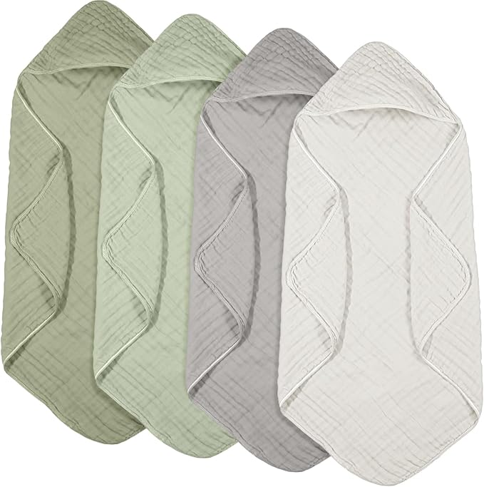Peryiter 4 Pcs Muslin Hooded Baby Towels, 32"x 32" Cotton Newborn Bath Towel Muslin Infant Baby Blankets Absorbent Unisex Christmas Registry Gift Essentials for Girls Boys (Green,Gray,Beige)