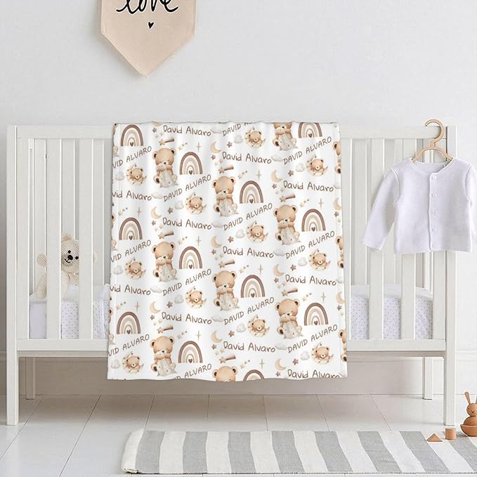 Ship Next Day, Personalized Baby Blanket for Boys Girls - Printed in USA, Custom Name Toddler Blanket with Sleep Bear Pattern, Perfect Newborn Gift