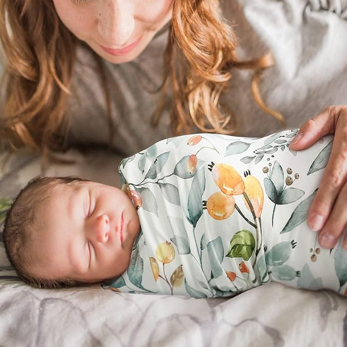 GRSSDER Baby Blankets Super Soft Stretchy Jersey Swaddle Blanket 2 Pack for Baby Girls, Double Layer Reversible Receiving Blankets 34 x 44, Extra Large for Swaddling, Pink Rose & Fruit