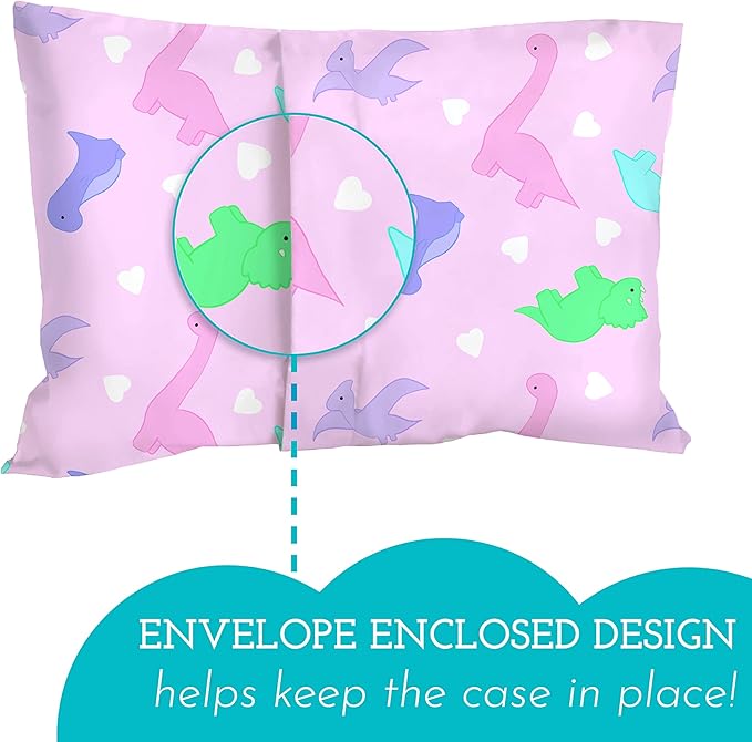 Little Sleepy Head Toddler Pillow with Pillowcase 13x18 - Kids Pillow for Sleeping - Better Neck Support Ergonomic Pillow and Toddler Pillowcase - Best Pillows for Kids (Dinosaurs Pink)