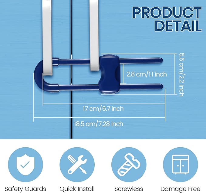 Jetec 10 Pieces Cabinet Locks for Babies, U-Shaped Proofing Drawers Safety Child Locks Adjustable, Easy to Use Childproof Latch for Knob Handle on Kitchen Door Storage Cupboard Closet (Blue)