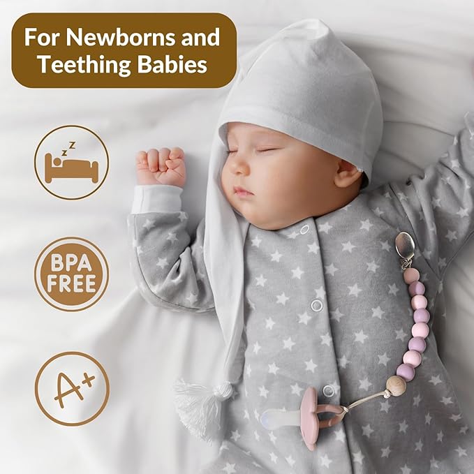 2 Pack Pacifier Clips, Silicone Pacifier Clip for Baby Boys and Girls, Baby Pacifier Strap with Silicone Beads, Soother Dummy Holder, Pacifier Holder, Keeps Pacifier Clean (Olive/Cream)