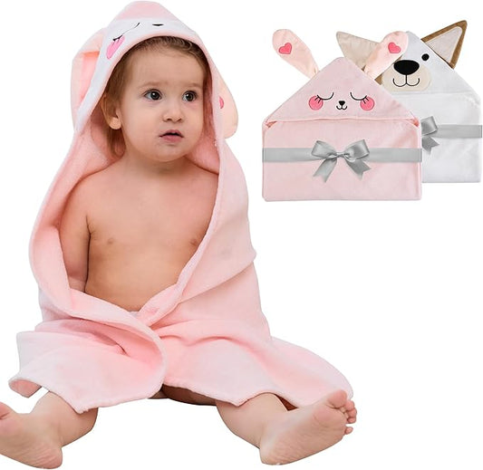 Viviland 2 Pack Hooded Baby Towels, Soft 100% Cotton Baby Bath Towels with Hood, Extra Thick and Absorbent, Essential for Newborns, Kids, Infants - Girls and Boys (Dog & Pink Rabbit)