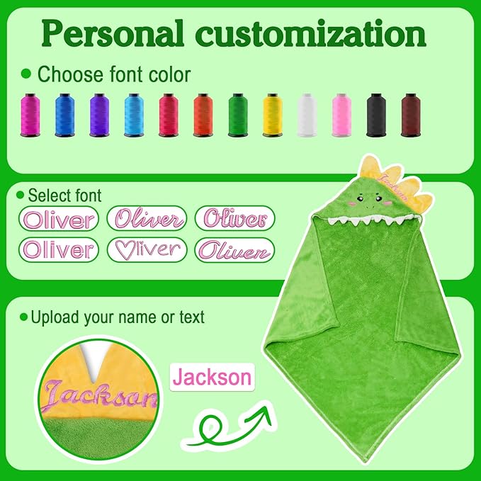 Custom Hooded Bath Towel with Name, Personalized Highly Absorbent Bunny Towels, Baby Bath Towels for Girls Boys, Brithday for Baby, Toddler, Newborn (Green-Dinosaurs)