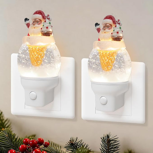 2 Pack Christmas Santa Night Light Plug into Wall Glitter Water Nightlight with USB/Outlet Options, Christmas Decorative Nightlight for Bedroom Kitchen Holiday Decorations Gifts (Santa Ice Cream)