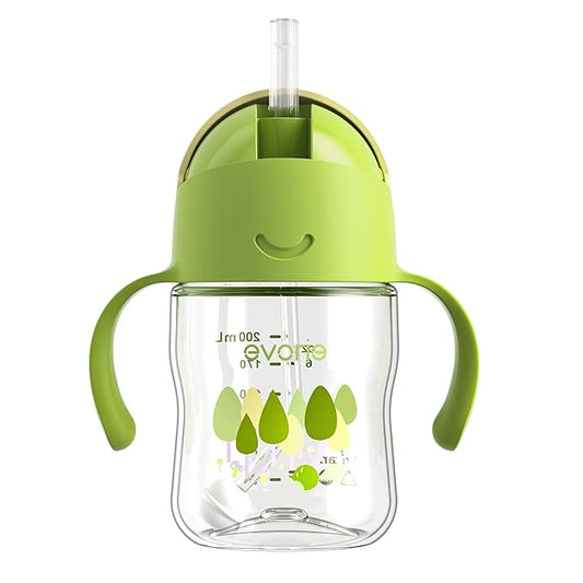 Evorie Tritan Weighted Straw Sippy Cup with Handles for Baby and Toddlers, Spill Proof Baby Water Bottle with Straw for 6 months and up, 7 Oz, Infant Training Water Bottle (Woodland)