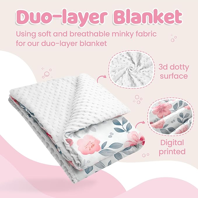 Floral Minky Baby Blanket 30 x 40 Inches for Boys Girls, Soft Plush Receiving Blanket with Dotted Back, Gift for Toddler Newborn Infant Christmas Birthday Baby Shower
