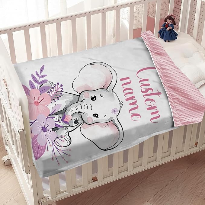 Custom Baby Blanket, Personalized Baby Blankets with Name for Infant Girl Boy, Flannel Double Layer Dotted Backing Receiving Swaddle Blanket, Purple Elephant Toddler Customized Gifts(60"x80")