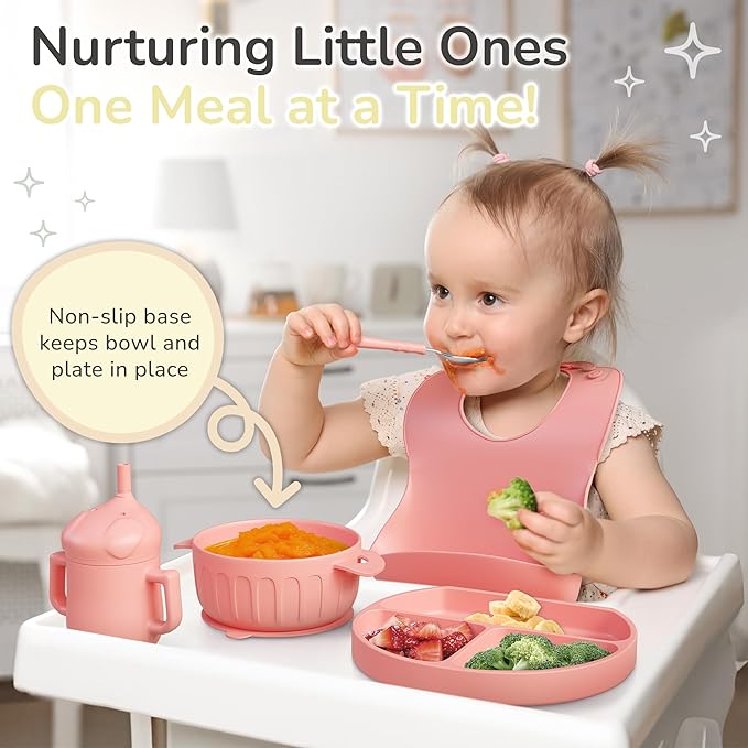 mimi & kiki BPA-Free Silicone Baby Feeding Set, Baby Plates and Bowls Set, Baby Led Weaning Supplies, Silicone Suction Plate, Baby Utensils, Bib and Cup, Self Feeding, Dishwasher Safe (Pink)