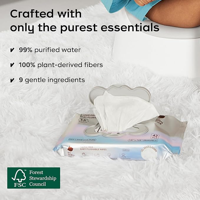 Bc Babycare Flushable Wipes, Hypoallergenic for Sensitive Skin, 99% Water, Plant-Based Fibers, Sewer + Septic Safe, Fragrance Free Toddler Potty Training, 336 Wipes, 8 Pack