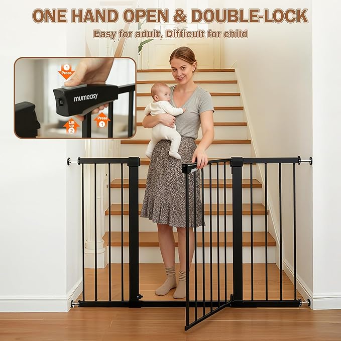 Mumeasy Baby Gate Extra Wide, 29.5-51'' Pressure Mounted Dog Gate with Walk Thru Door, Auto Close Pet Gate for House, Stairs, Doorways,Black