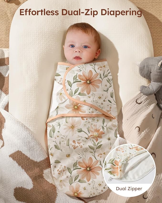 Baby Swaddles for Newborns with Zipper, 100% Cotton Newborn Swaddle Sack, 3 Pack Baby Swaddles 3-6 Months Swaddle Sleep Sack for Newborn Baby Boy Girl Orange Flower