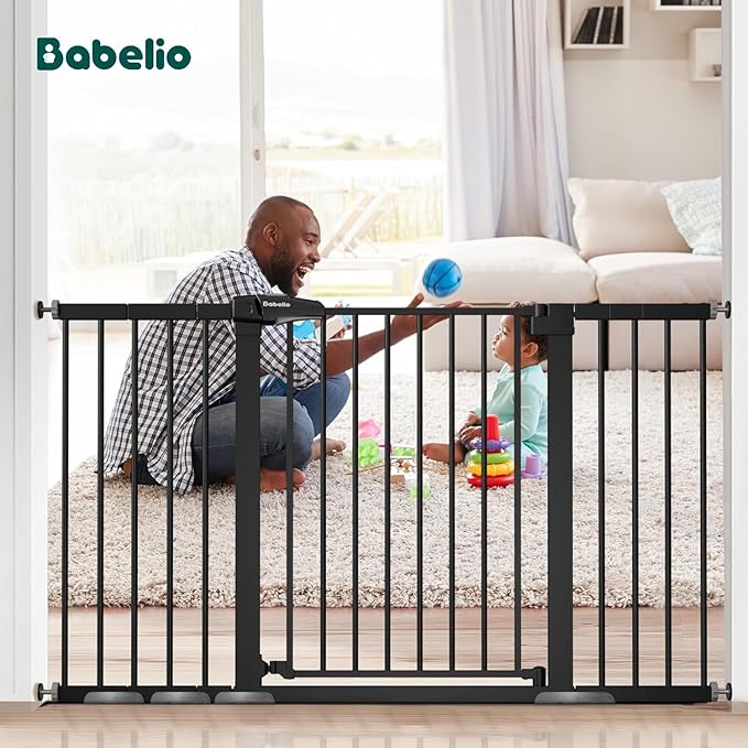 BABELIO 36" Tall Baby Gate, PressGuard P7, 29-55" Auto Close Pressure Mounted Dog Gate for Doorways & Hallway, Basics Easy Walk Thru Pet Gate, Extra Wide Metal Child Gate, Black