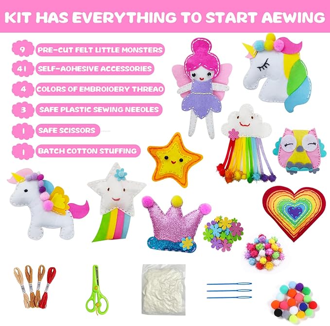 FYXGZZH Kids Beginner Sewing Kit – DIY Stuffed Craft Set with Pre-Cut Felt, Plastic Needle & Embroidery Thread, Educational Arts & Crafts for Boys & Girls Ages 6-12