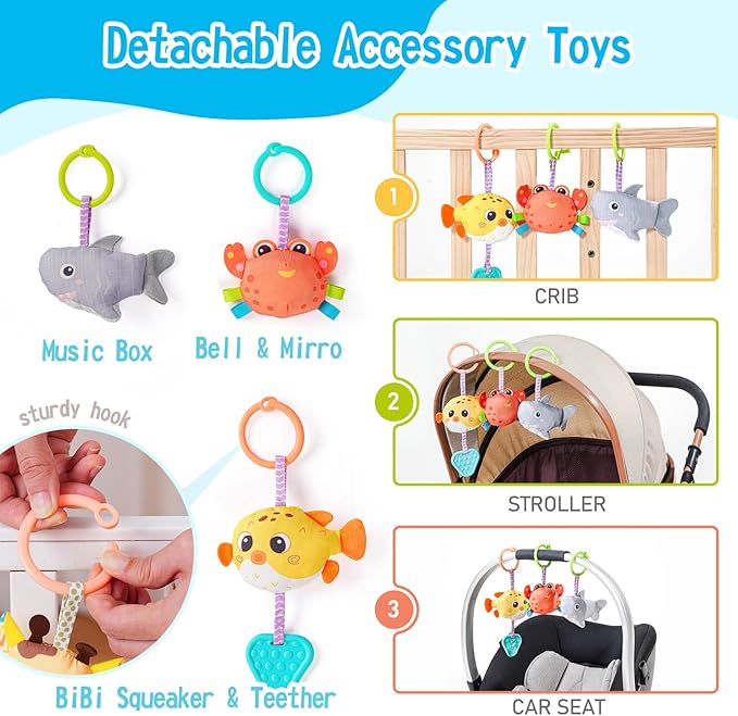 Jollybaby Crib Stroller Car Seat Toys for Baby 0-3-6-9-12 Months, Tummy Time Hanging Sensory Toys for Newborn with Music Box and Teether, Spiral Carseat Toy for Infant Boys Girls Gifts (Blue)