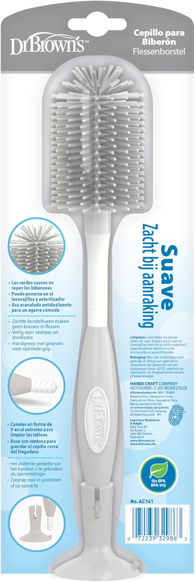 Dr. Brown's Soft Touch No Scratch Baby Bottle Cleaning Brush, Nipple Cleaner & Suction Cup Base for Easy Storage, BPA Free, Gray