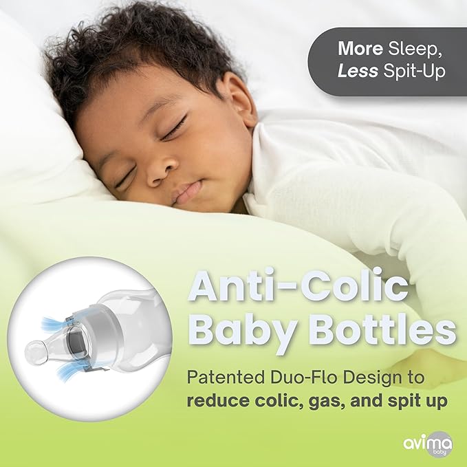 Avima Anti-Colic Baby Bottles – 4 oz, Slow Flow Nipples – BPA-Free, Standard Neck – Stage 1 for 0–3 Months – Set of 6