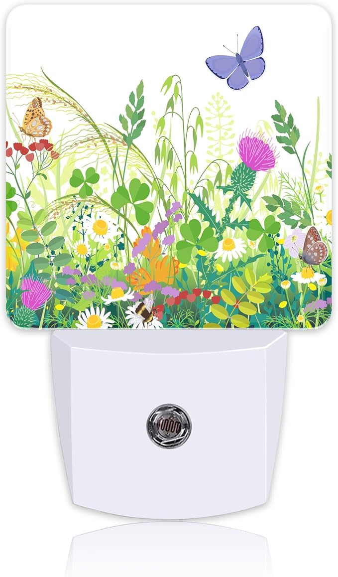 Summer Meadow Plants and Insects Night Light Plug into Wall with Dusk to Dawn Sensor Cute Nightlight for Kid Girls Boys Women Men Room Decor, Hallway, Kitchen, Bathroom, Nursery, Stairs